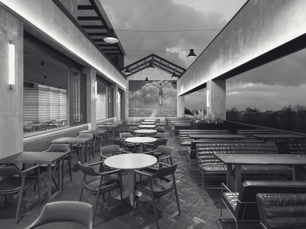 A restaurant terrace at dusk