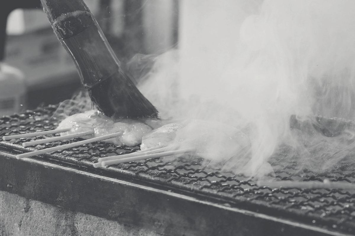A wood-fired grill in service